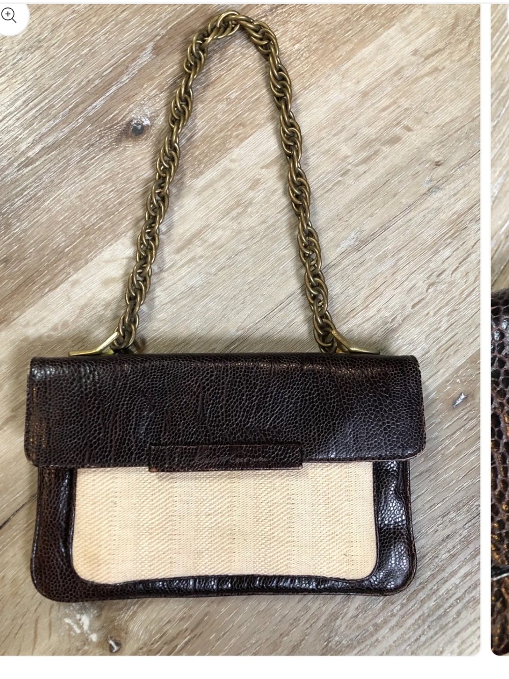 Kenneth Cole New York dark brown Leather/Cream Canvas rusty gold Chain Handbag